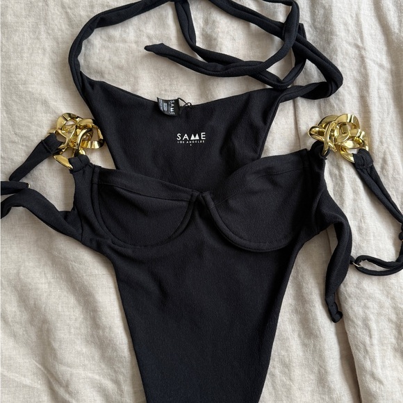 Black One-Piece Swimsuit with Gold Chain Detail - Picture 4 of 4